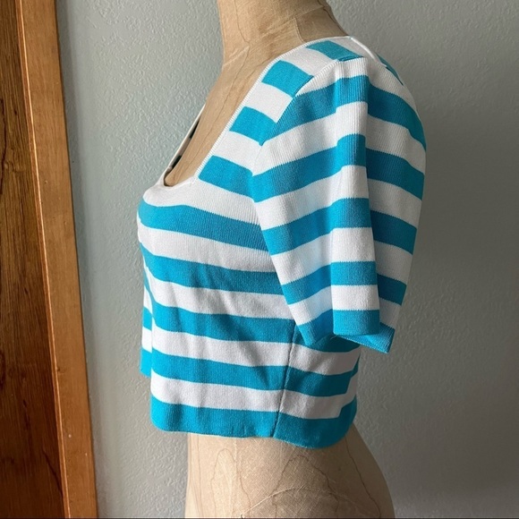ZARA sz XL Striped Crop Top Bright Blue White Short Sleeve Knit - Picture 3 of 7